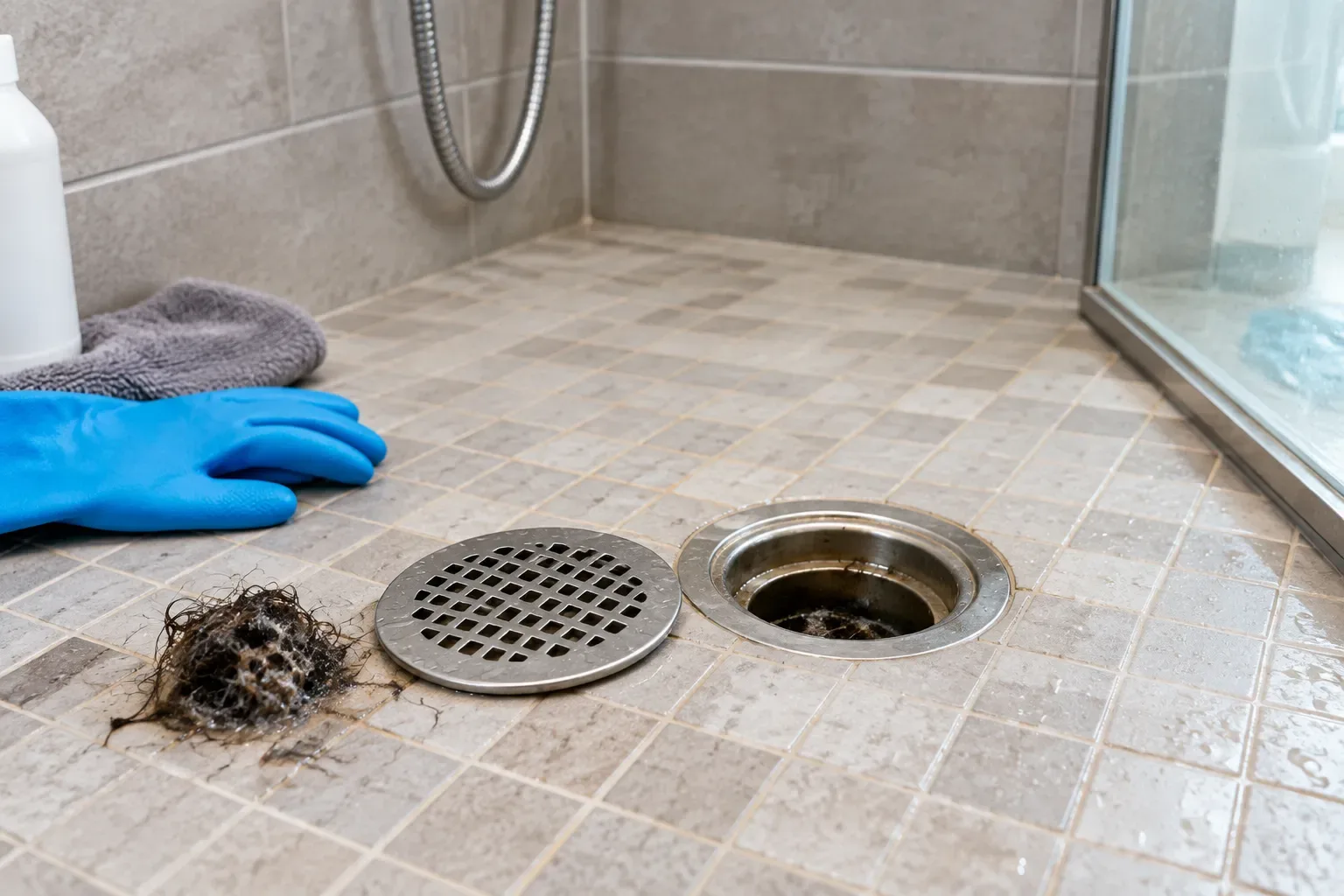 Tiled shower floor with a round drain opening, its perforated cover set beside it, a clump of dark hair and residue nearby, blue gloves, a folded towel, a white bottle, a shower hose, and a glass enclosure.