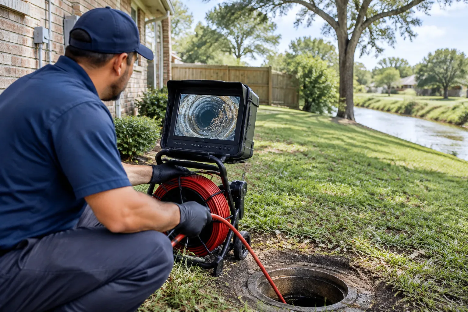 A plumbing technician kneels beside an open round sewer access point in a grassy yard, holding a red camera cable and viewing a monitor that displays the inside of a pipe. A creek, trees, and houses are visible in the background.