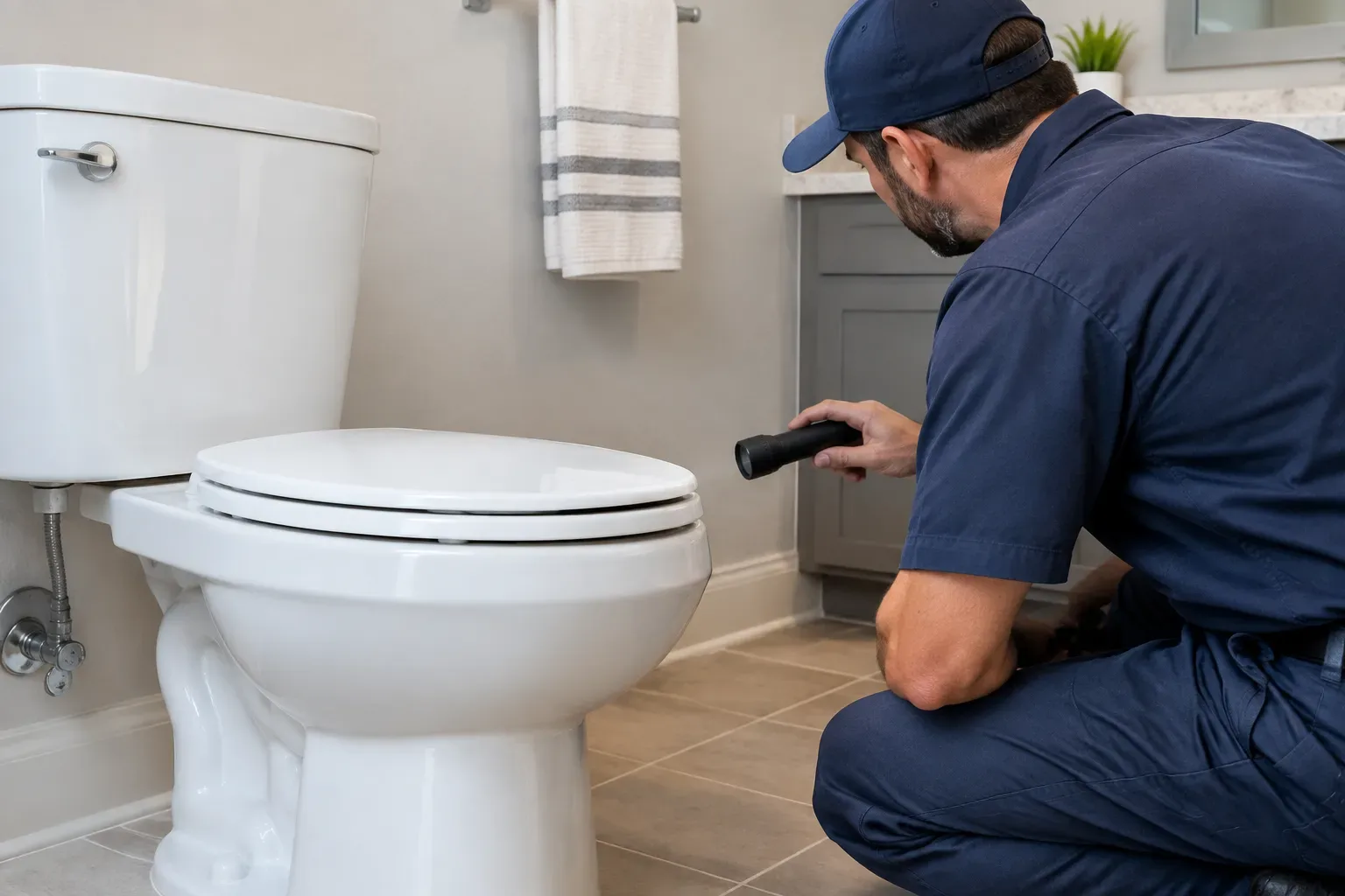 A person in a navy uniform and cap kneels beside a white toilet and holds a black handheld tool near the bowl. A towel hangs on the wall, with a cabinet and small plant in the background.