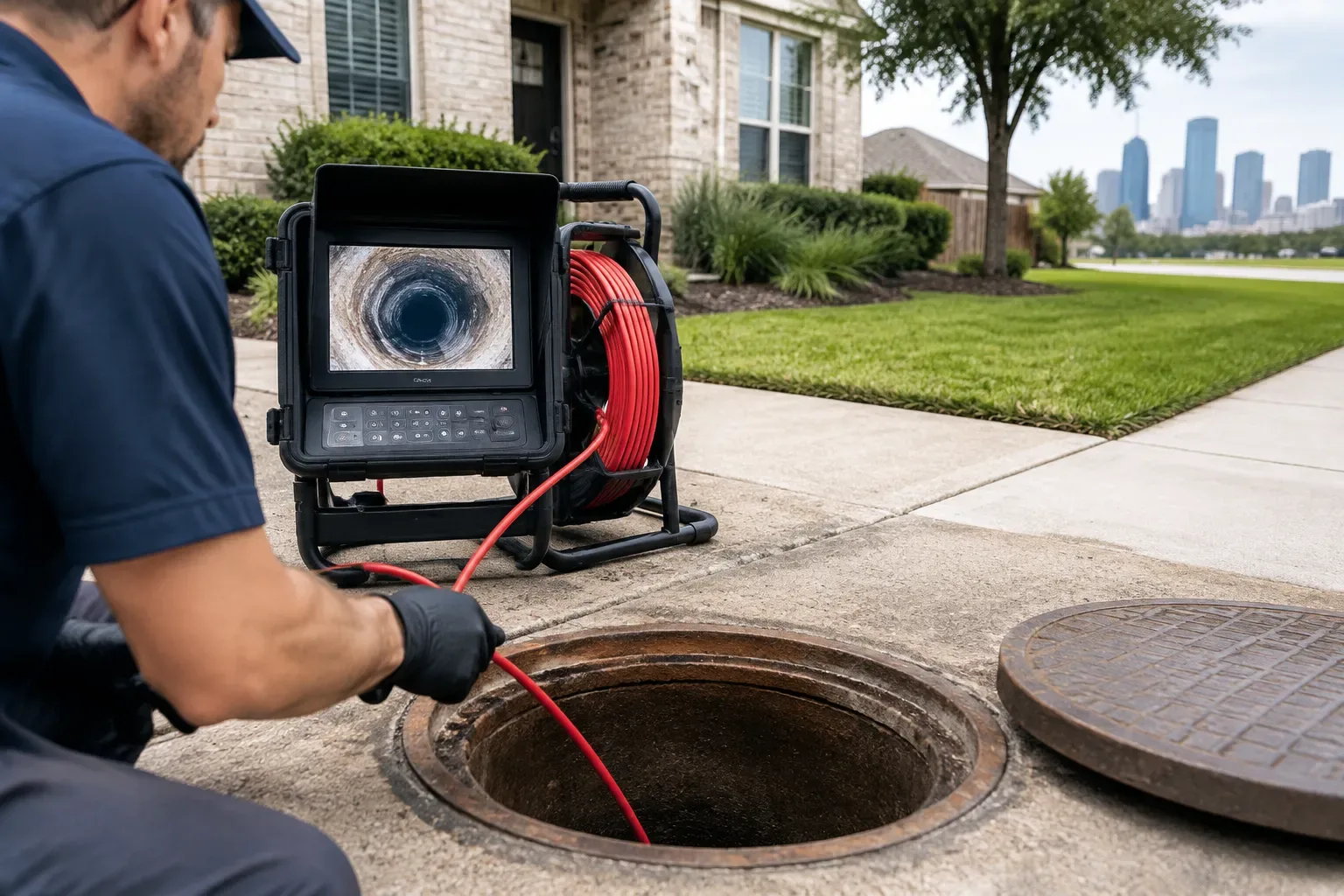 A plumber kneels beside an open circular sewer access in a residential driveway, operating a red cable reel connected to a monitor that displays the inside of a pipe. A round access cover rests nearby, with homes, lawns, and a distant city skyline in