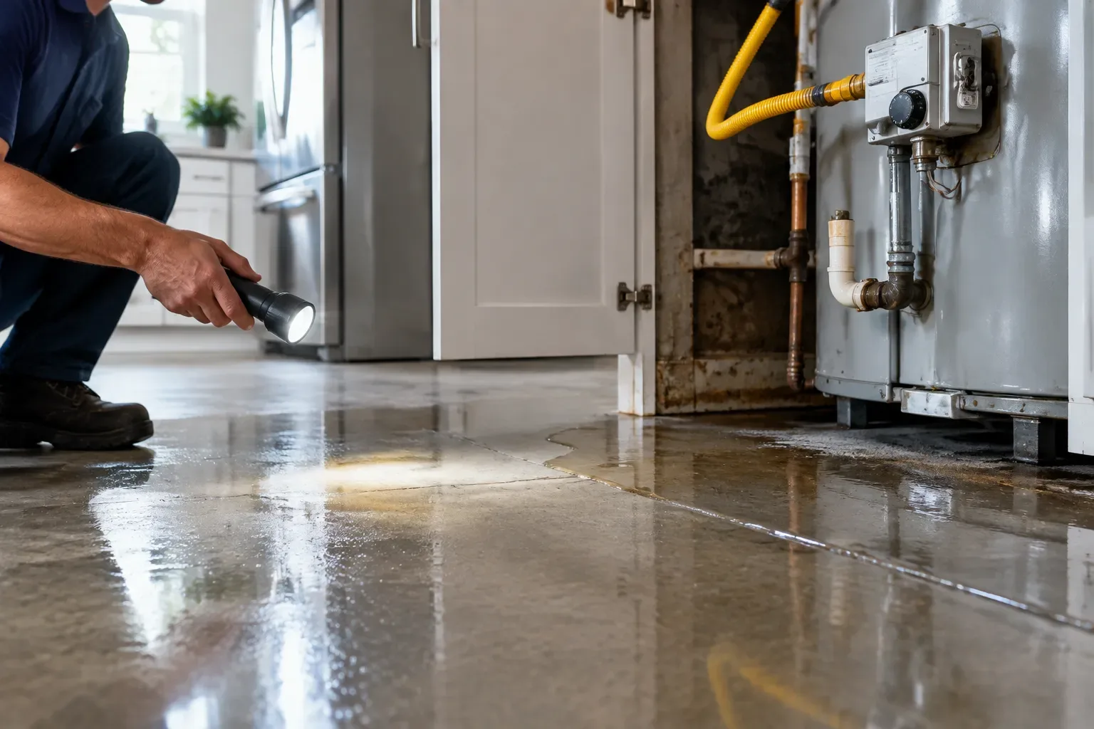 A person crouches at left and shines a flashlight across standing water on a concrete floor. A water heater, pipes, valves, and a yellow gas line are visible at right.