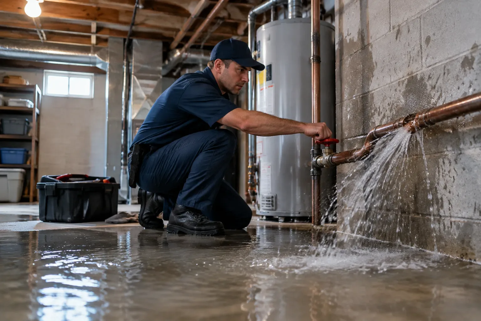A plumber kneels in shallow water beside a wall-mounted pipe, turning a red-handled valve while water sprays from a damaged pipe joint. A water heater, exposed ceiling pipes, storage containers, and a wet concrete floor are visible.