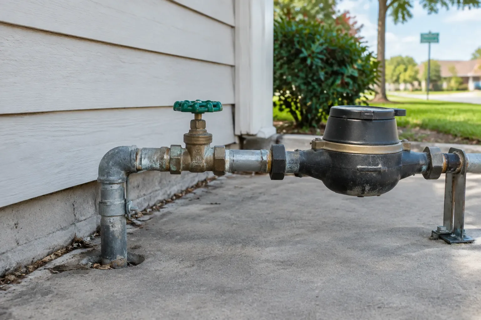 Exterior water meter assembly with a green-handled shutoff valve, metal pipes, fittings, and a vertical pipe mounted beside a light-colored house wall on a concrete slab.