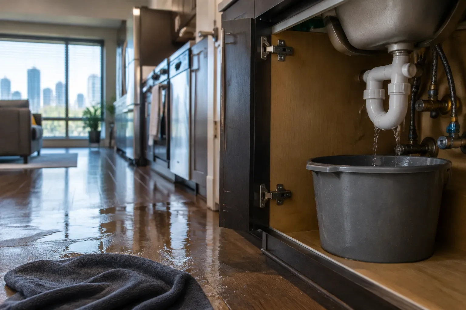 Open kitchen sink cabinet with exposed white drain pipes, a gray bucket beneath a dripping connection, water pooled across the wood floor, and a dark towel in the foreground. A window and city skyline are visible in the background.