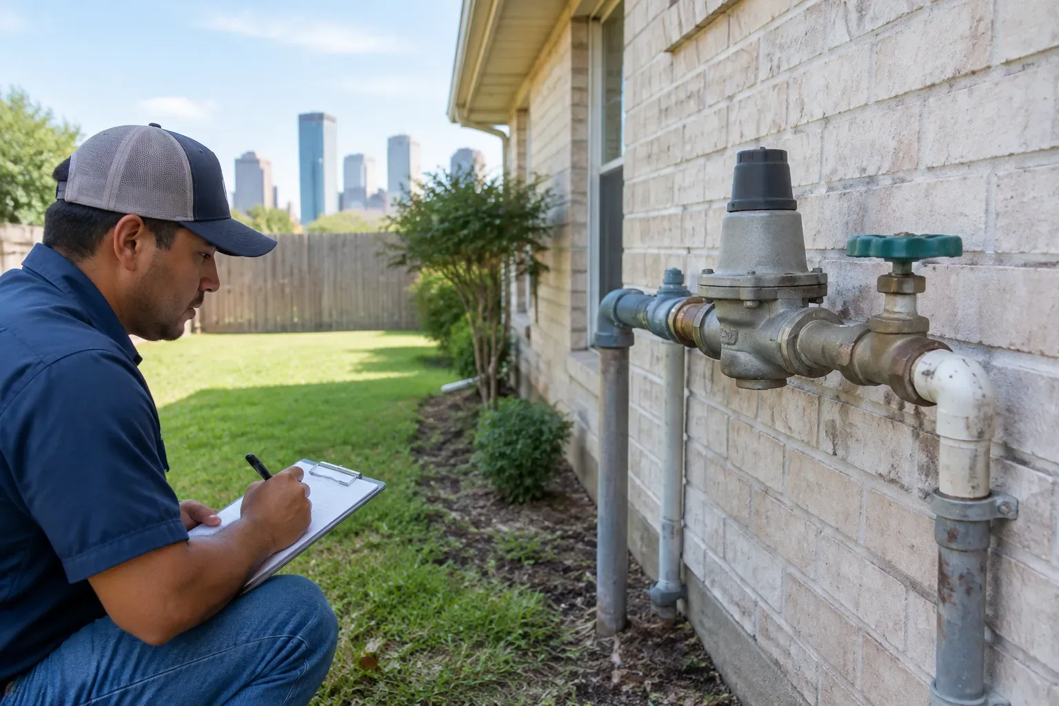 A plumber kneels beside a brick house and writes on a clipboard. An exterior water-piping assembly with a pressure regulator, shutoff valve, and white pipe is mounted on the wall. A grassy yard, fence, trees, and distant high-rise buildings are visib