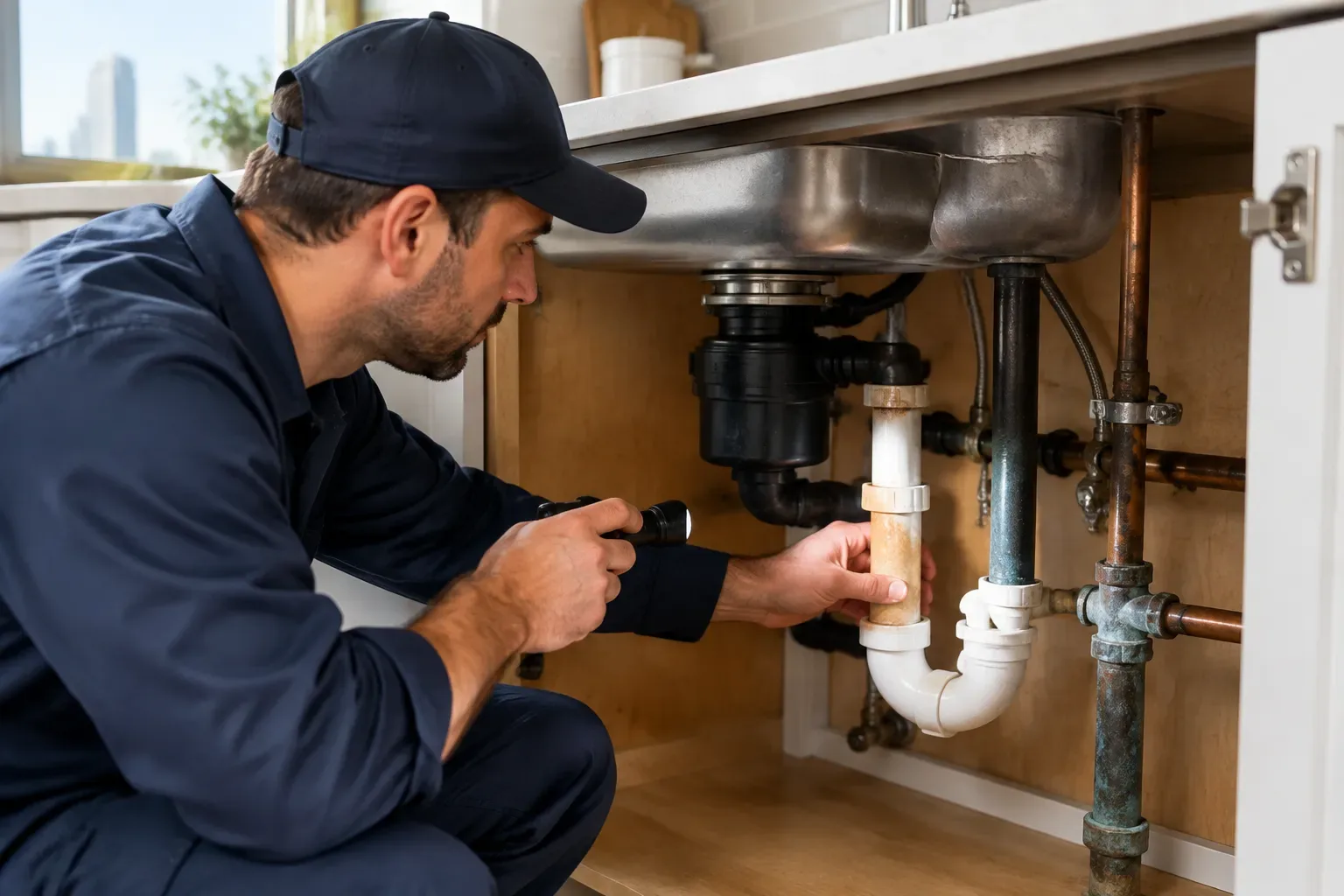 A plumber in dark clothing kneels inside a cabinet beneath a stainless-steel sink and examines white plastic drain piping beside older metal pipes with a handheld light or tool.
