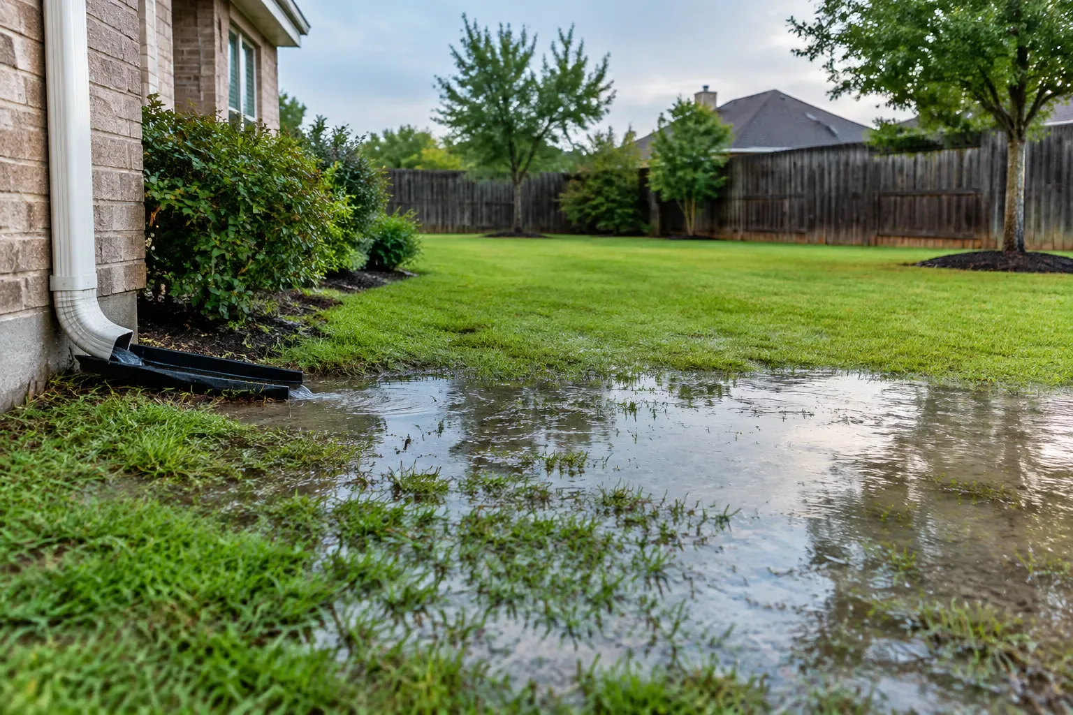 A shallow pool of water covers part of a grassy backyard beside a brick house. A white downspout and black extension run along the house toward the wet area. A wooden fence, shrubs, and trees are visible in the background.